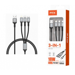 Καλωδιο Φορτισης MTK TB1887 USB 3 in 1 (MICRO USB-Iphone-Type c)  18W 1m